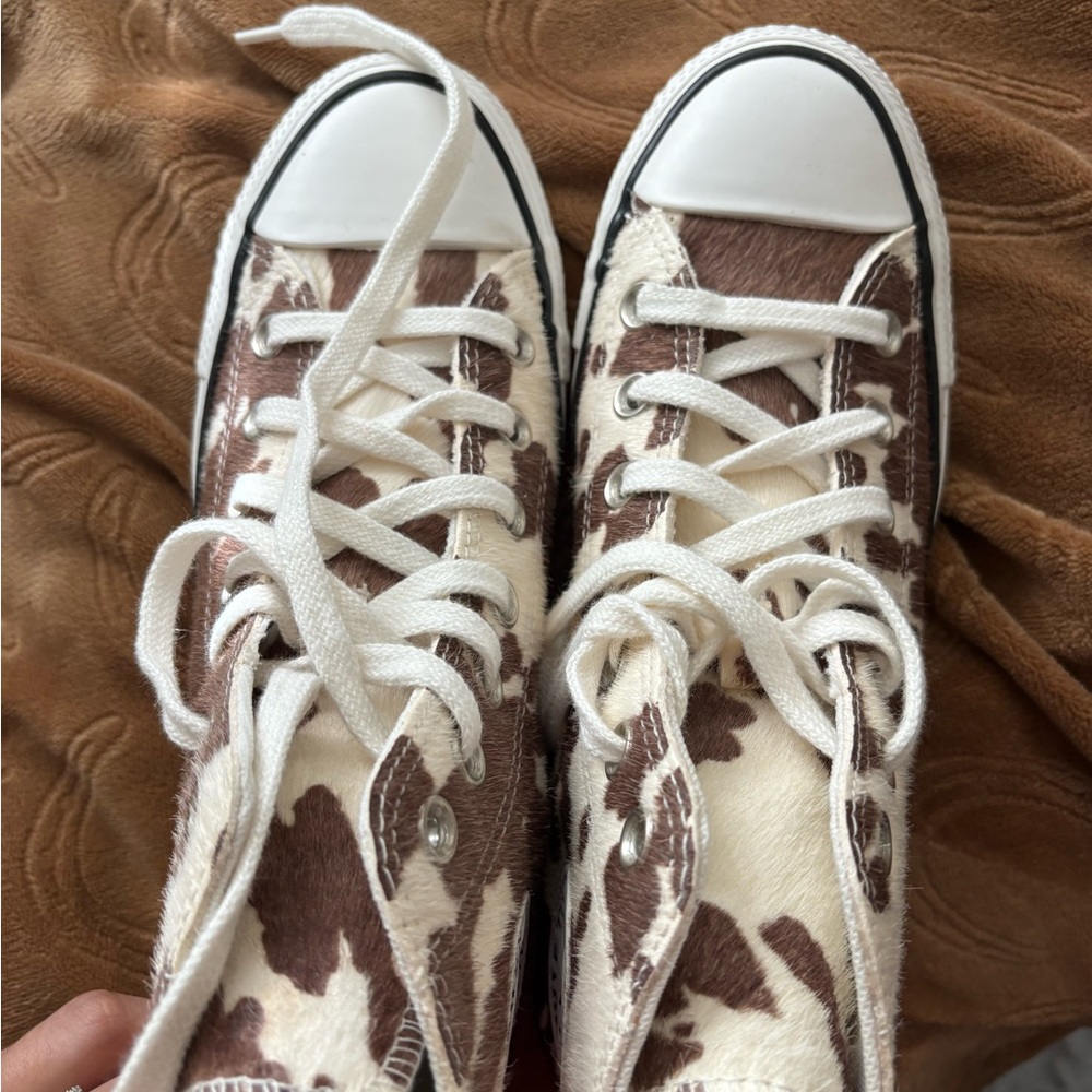 Converse High Top Sneakers in Brown and Cream Cow Print - Picture 4 of 7